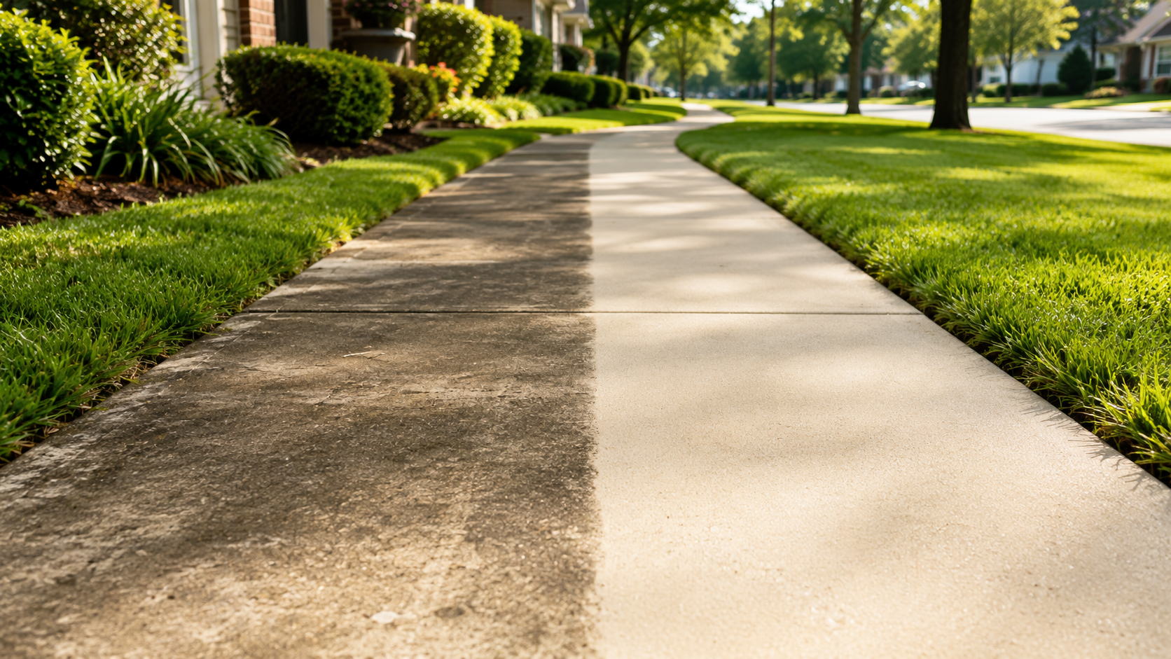 Sidewalk in a neighborhood with well-manicured lawns, trees, and houses, bathed in sunlight.