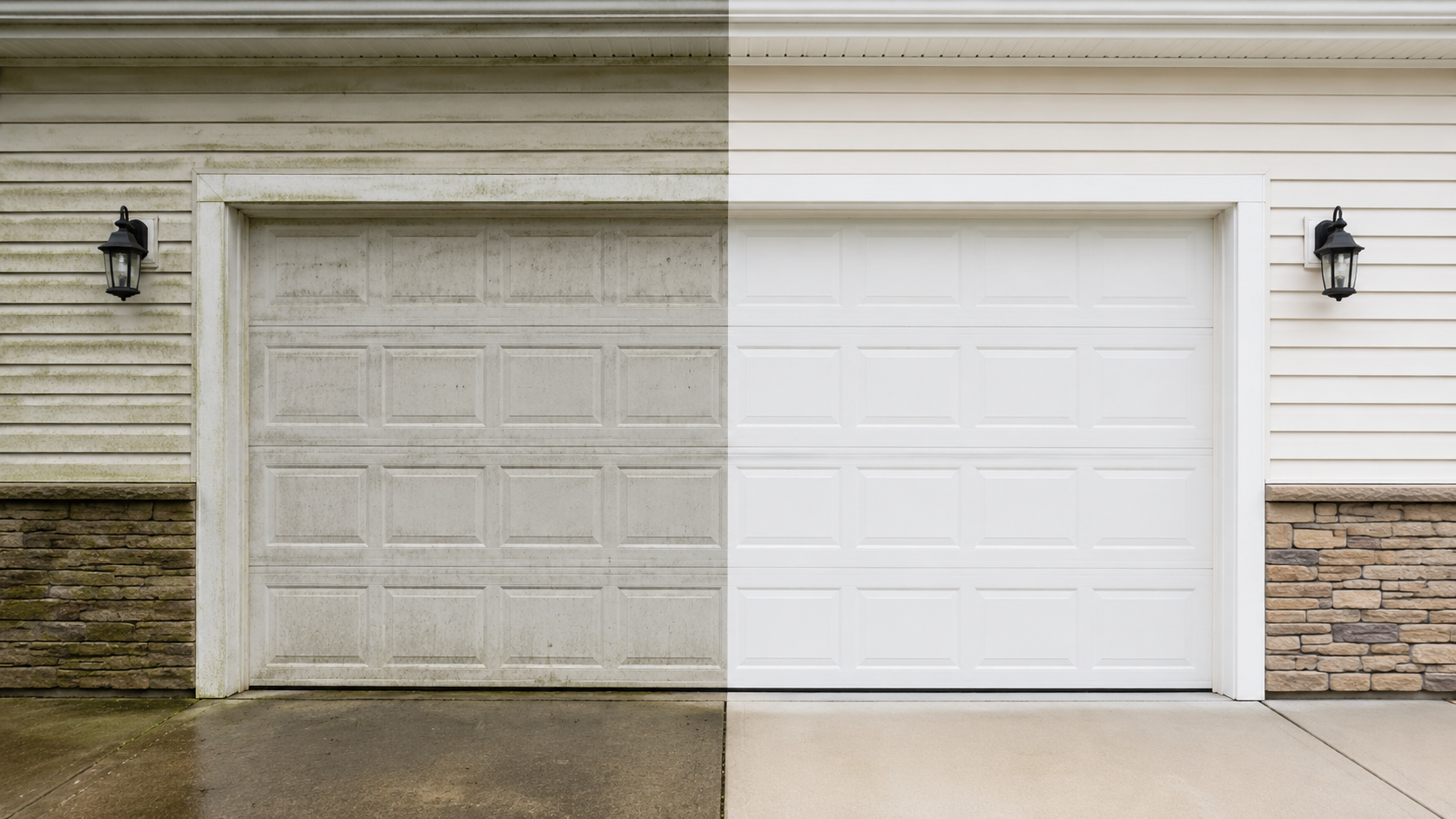 Comparison of two garage doors side by side: the left garage door is old, dirty, and weathered, while the right garage door is clean, new, and bright white. Both are flanked by outdoor wall-mounted lanterns and have brick and siding exteriors.