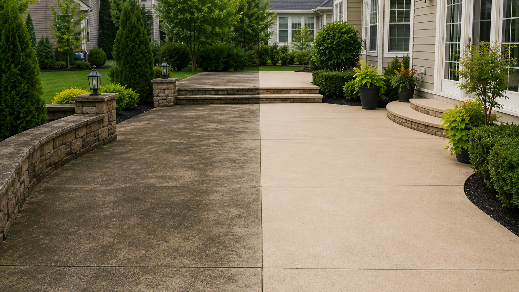 A backyard patio with a four-step concrete staircase leading to a lawn, divided into two sections: one side has weathered dark gray concrete, the other has clean light beige concrete, surrounded by green bushes, trees, and potted plants.