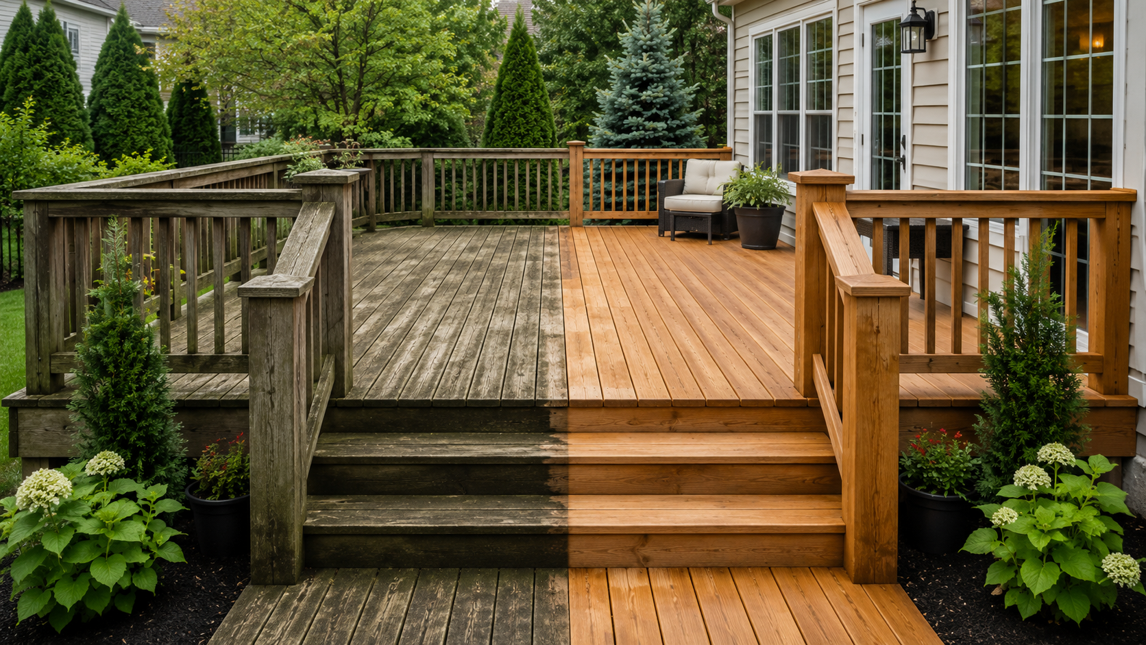 A split image of a backyard deck, with the left side showing an older, weathered wooden deck, and the right side showing a newly cleaned and stained wooden deck. The deck features stairs leading up to it, with potted plants and outdoor seating, surrounded by greenery and trees.