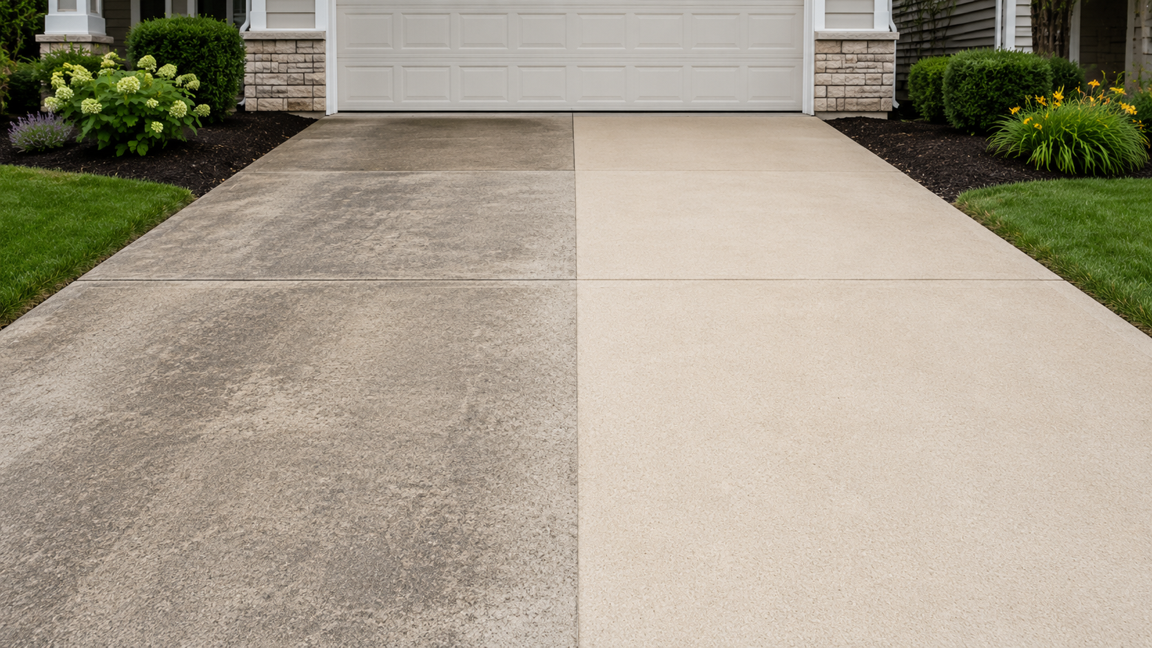 A concrete driveway with four sections, two textured darker gray sections on the left and two smooth light beige sections on the right, leading to a white garage door surrounded by landscaped bushes and flowers.