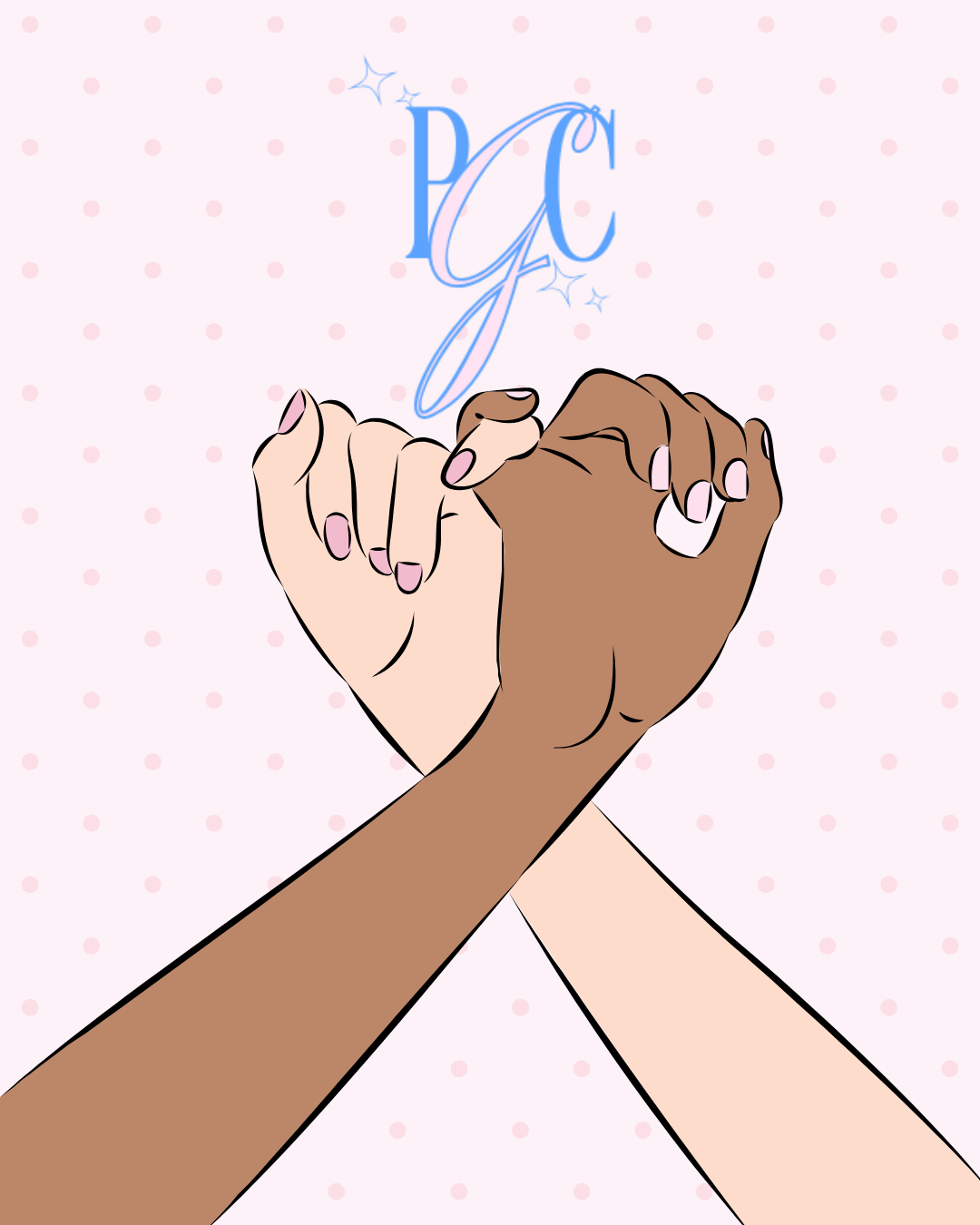 Illustration of two hands, one light-skinned and one dark-skinned, clasping each other. Above the hands are the initials 'PG' in a blue script font with sparkles. The background is pink with small polka dots.