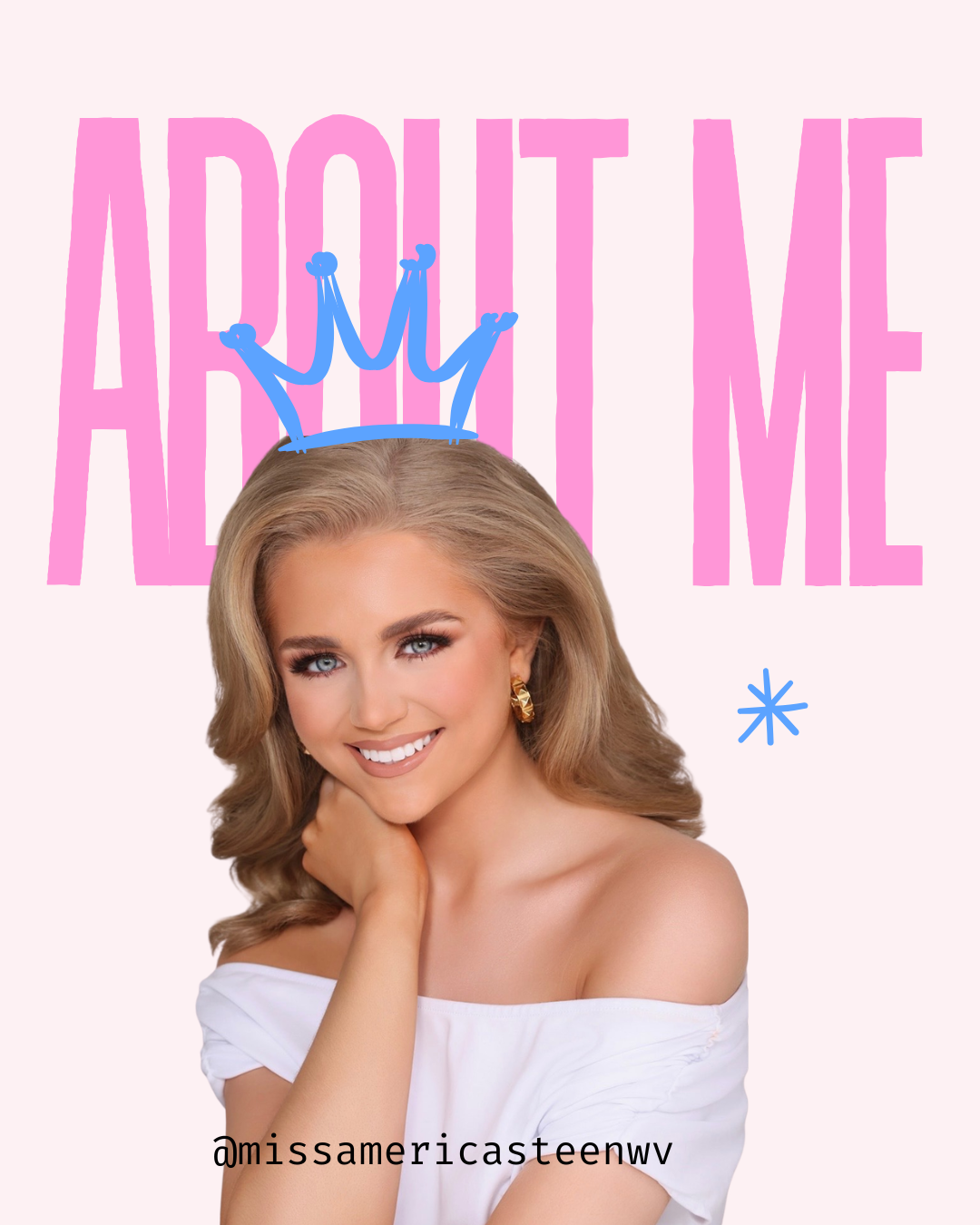 A woman with blonde hair smiling, wearing a white off-the-shoulder top, with a blue crown drawn over her head. The background has pink text saying "ADDICT ME" and a blue star symbol, along with the Instagram handle @missamericasteenww.