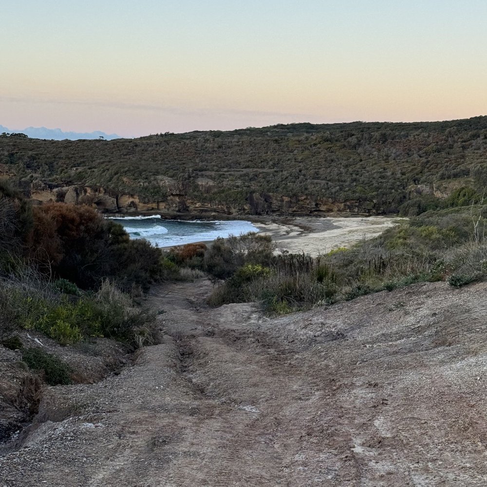 Coastal trail down to the beach at dusk