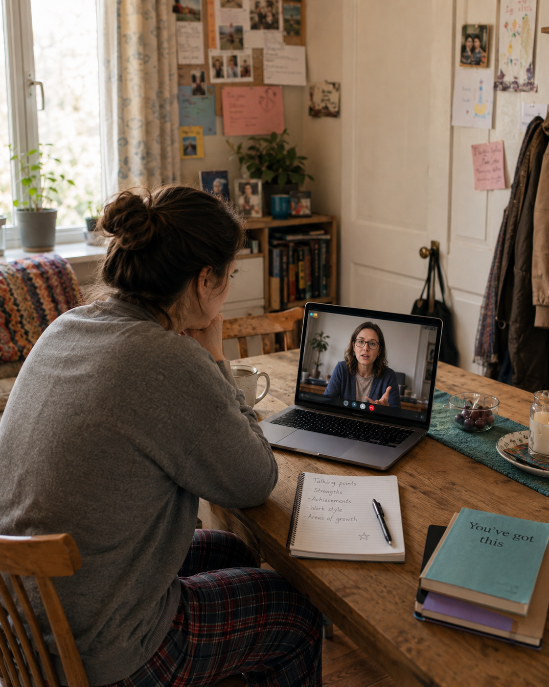 A woman sitting at a wooden table during a video call on her laptop, with notes and books on the table, in a cozy, decorated room with sunlight coming through a window.
