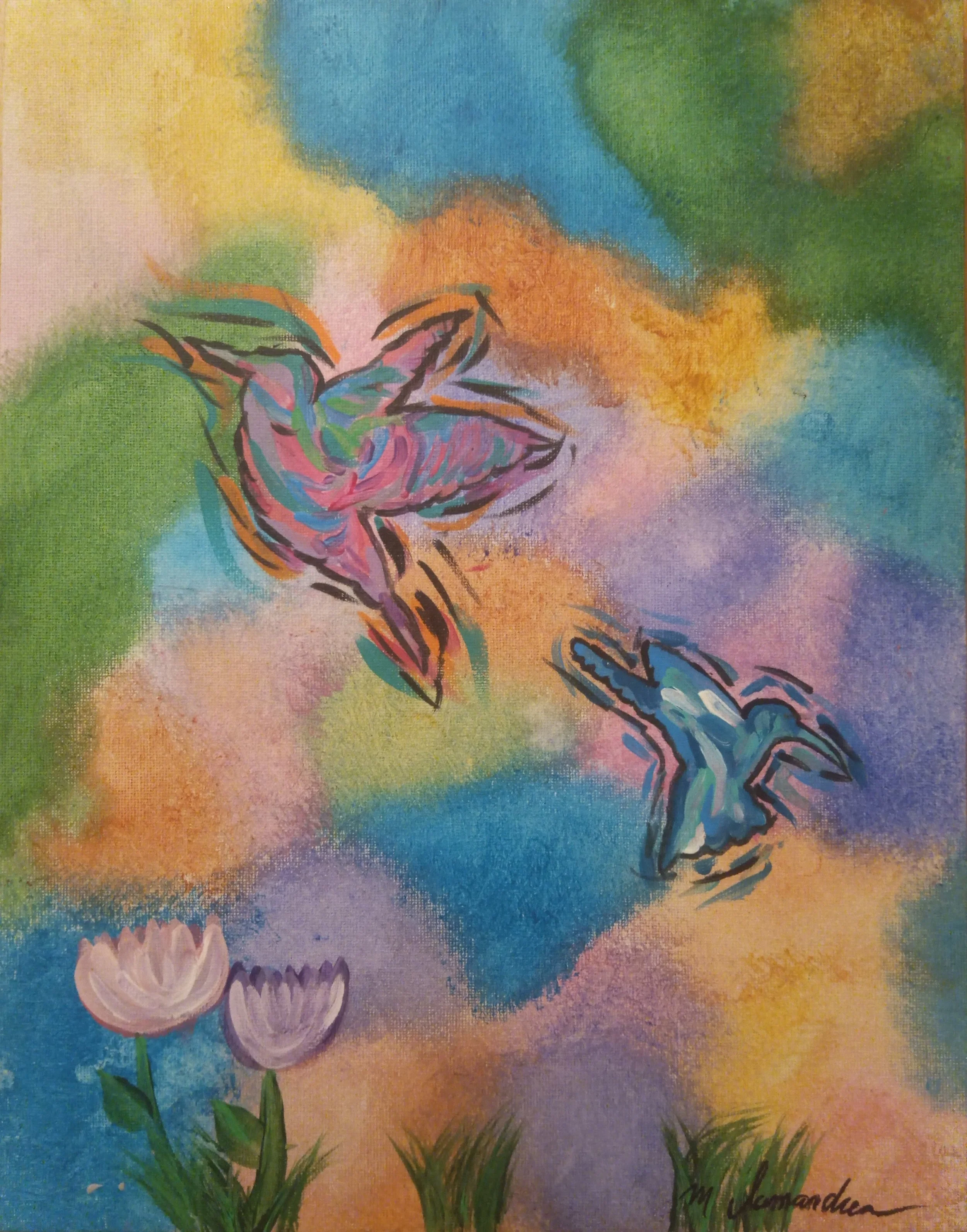 This piece shows two abstract style hummingbirds flying behind a bright and colour filled back drop. This piece was created to evoke positive emotions and portray excitement and happiness while also adding a lively element through the two small birds