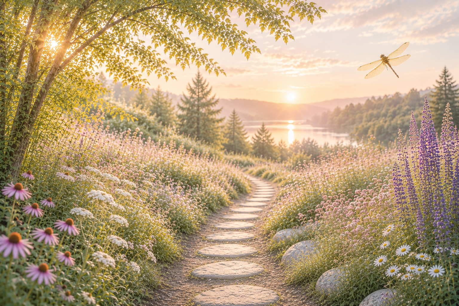 A peaceful garden pathway with stepping stones surrounded by colorful flowers, trees, and a lake with mountains in the distance.