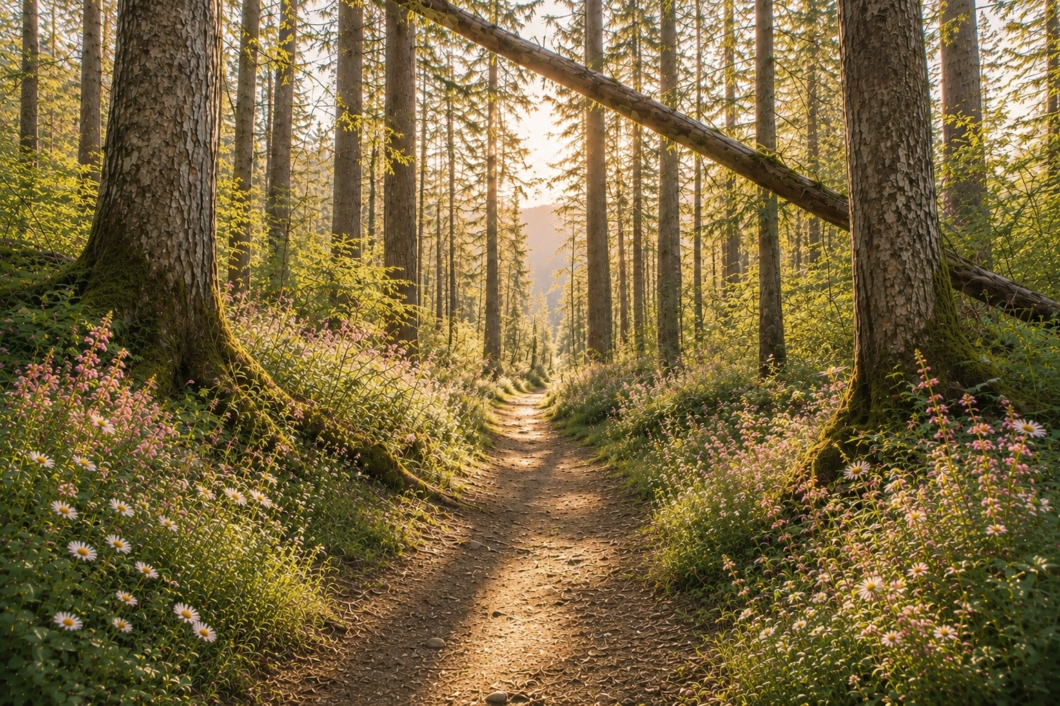 A dirt path winding through the forest with wildflowers and warm sunlight shining through the trees.