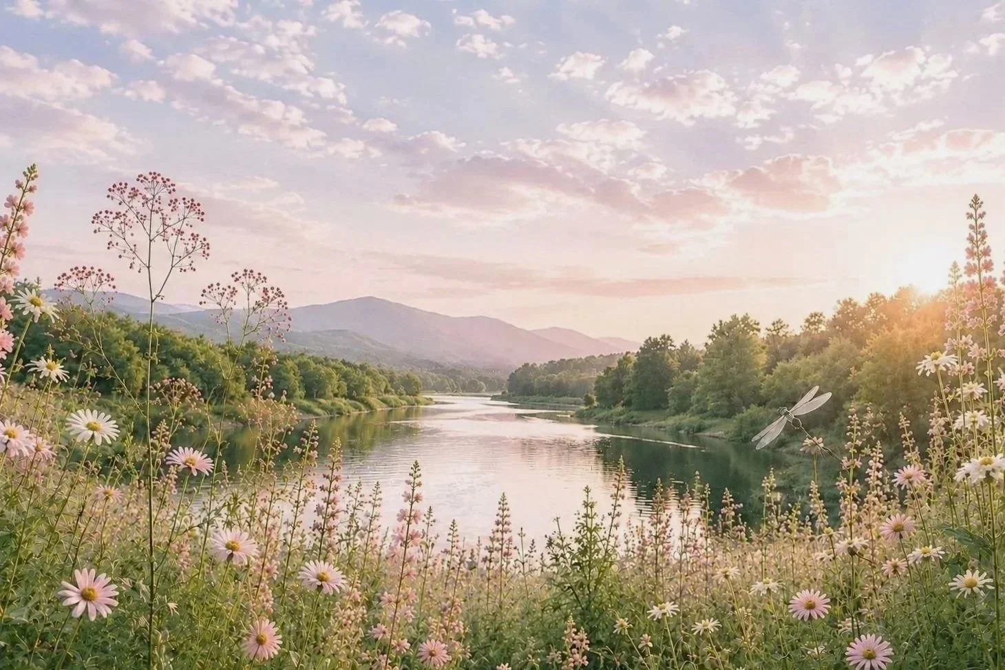A peaceful river flowing through a lush landscape with wildflowers, trees and mountains under a partly cloudy and warm evening sky.