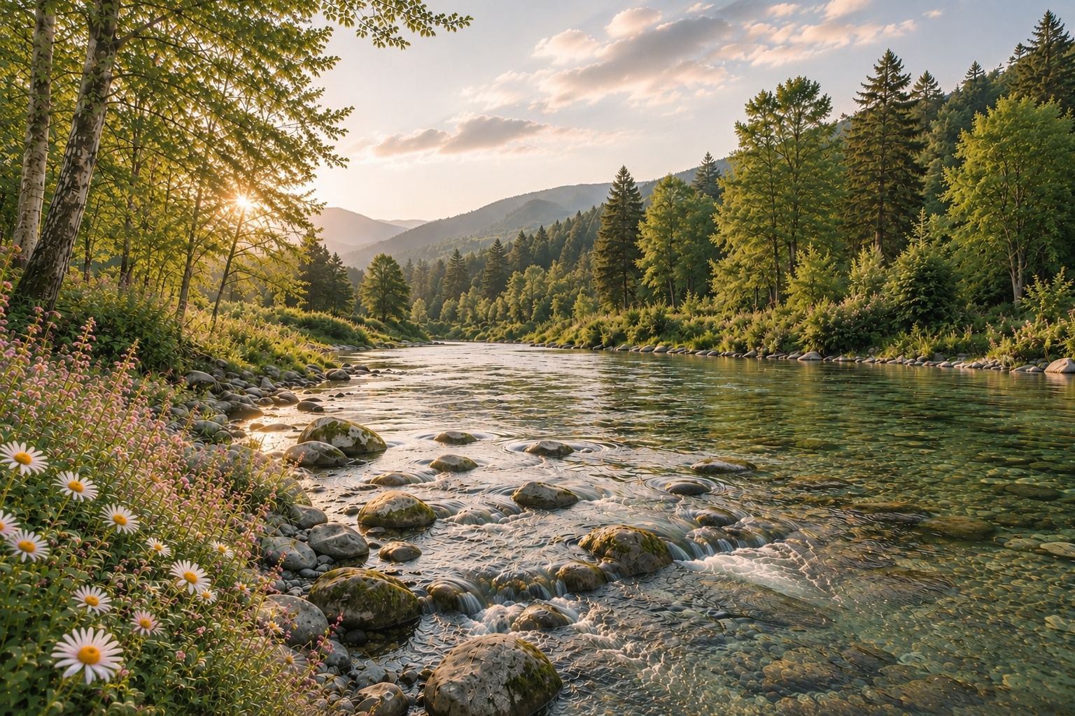 A clear river flowing through a lush green forest with mountains in the distance.