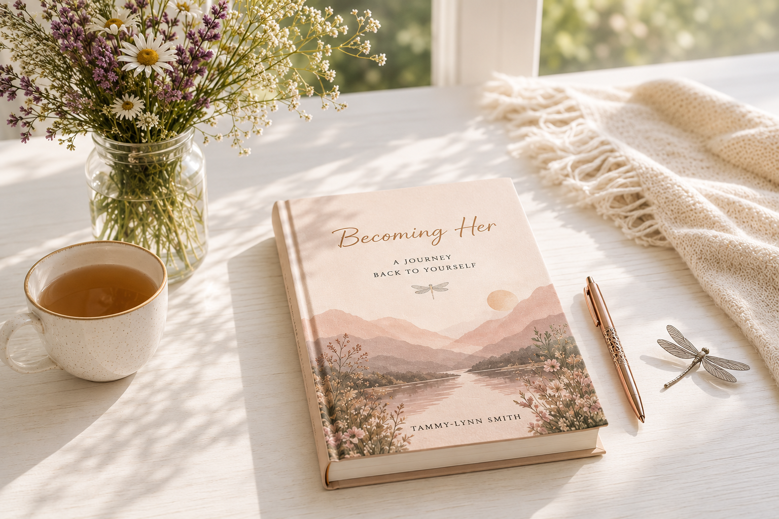 Book titled Becoming Her by Tammy-Lynn Smith, on a white table beside a tea cup, flowers, a journal, and a decorative dragonfly in warm morning light.