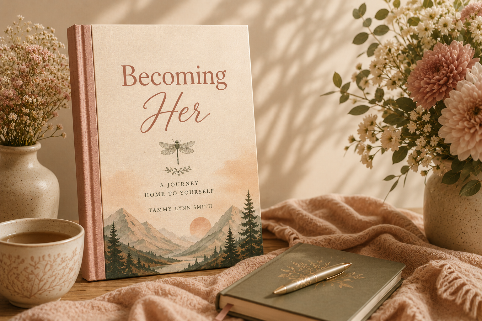 A book titled 'Becoming Her' by Tammy-Lynn Smith displayed on a table with a cup of tea , flowers, a journal, and a pen in warm morning light.