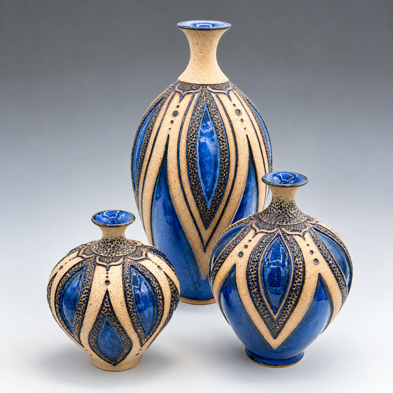 Three decorative ceramic vases with blue and beige patterns, varying in size, on a gray background.