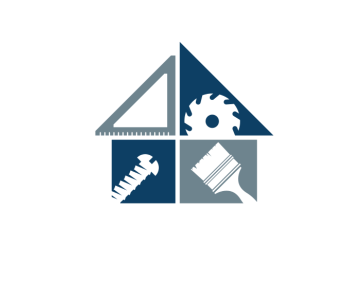 A house-shaped icon divided into four quadrants, each containing a different tool: a ruler, a saw blade, a screw, and a paintbrush, representing construction or home improvement.