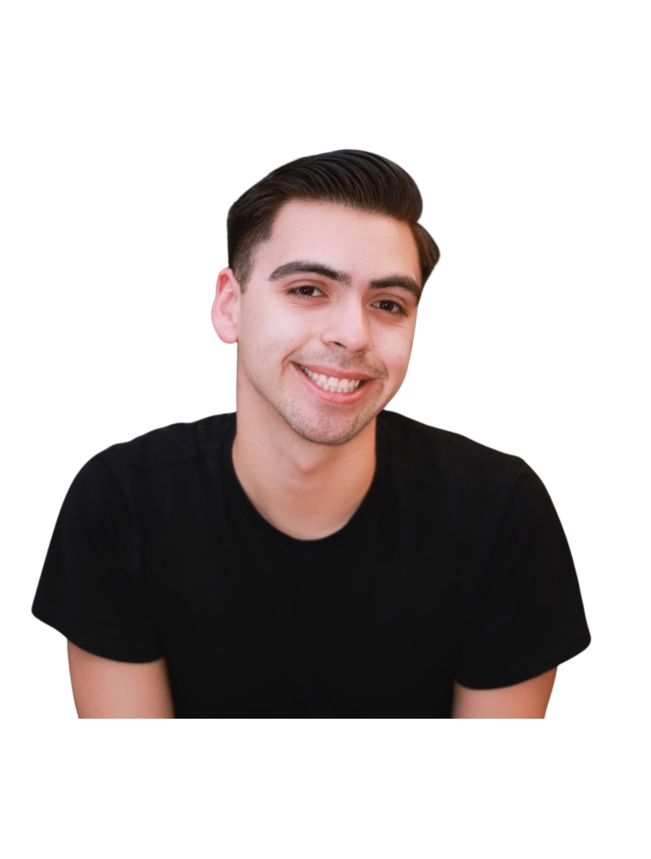 Young man with dark hair styled neatly, smiling and wearing a black t-shirt, against a plain white background.