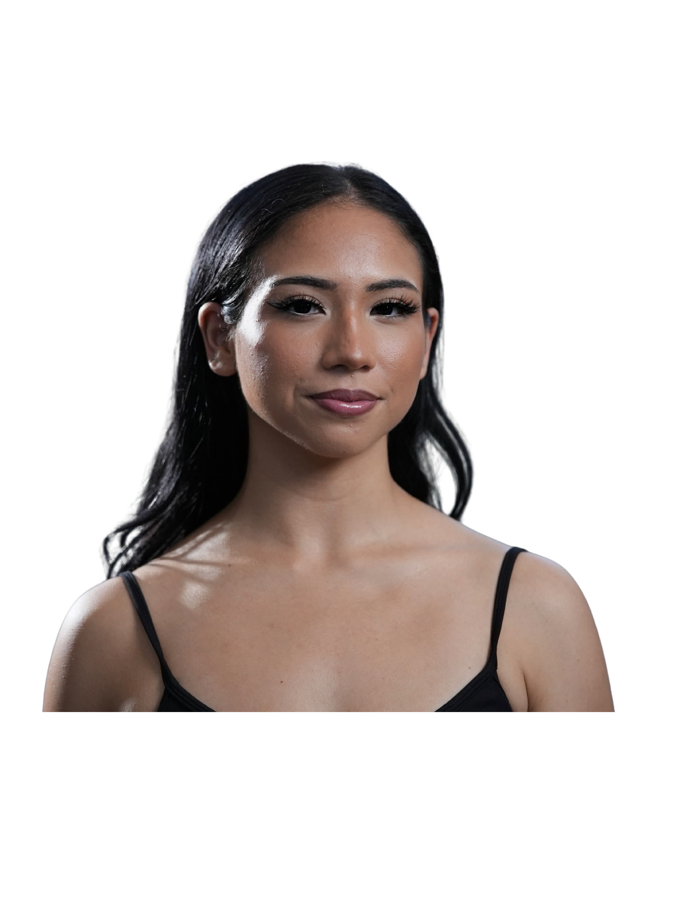 A portrait of a young woman with long black hair, wearing a black spaghetti strap top, smiling softly against a plain white background.