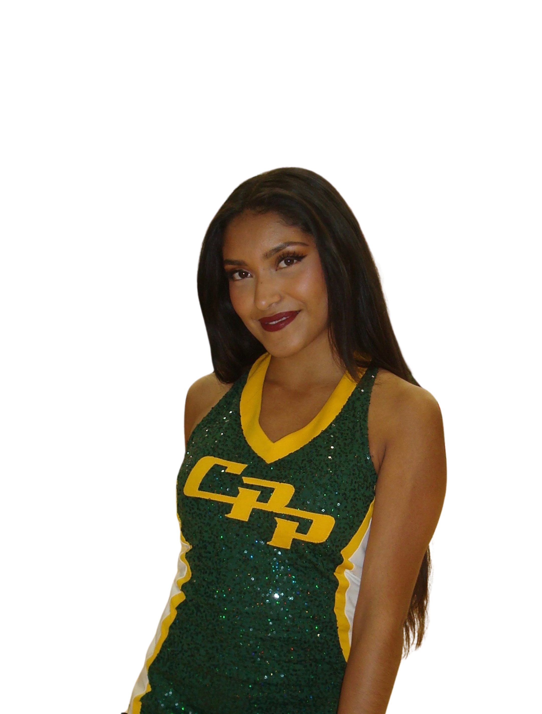 A young woman with long dark hair smiling, wearing a green and yellow cheerleading uniform with the word 'GEE' on it.