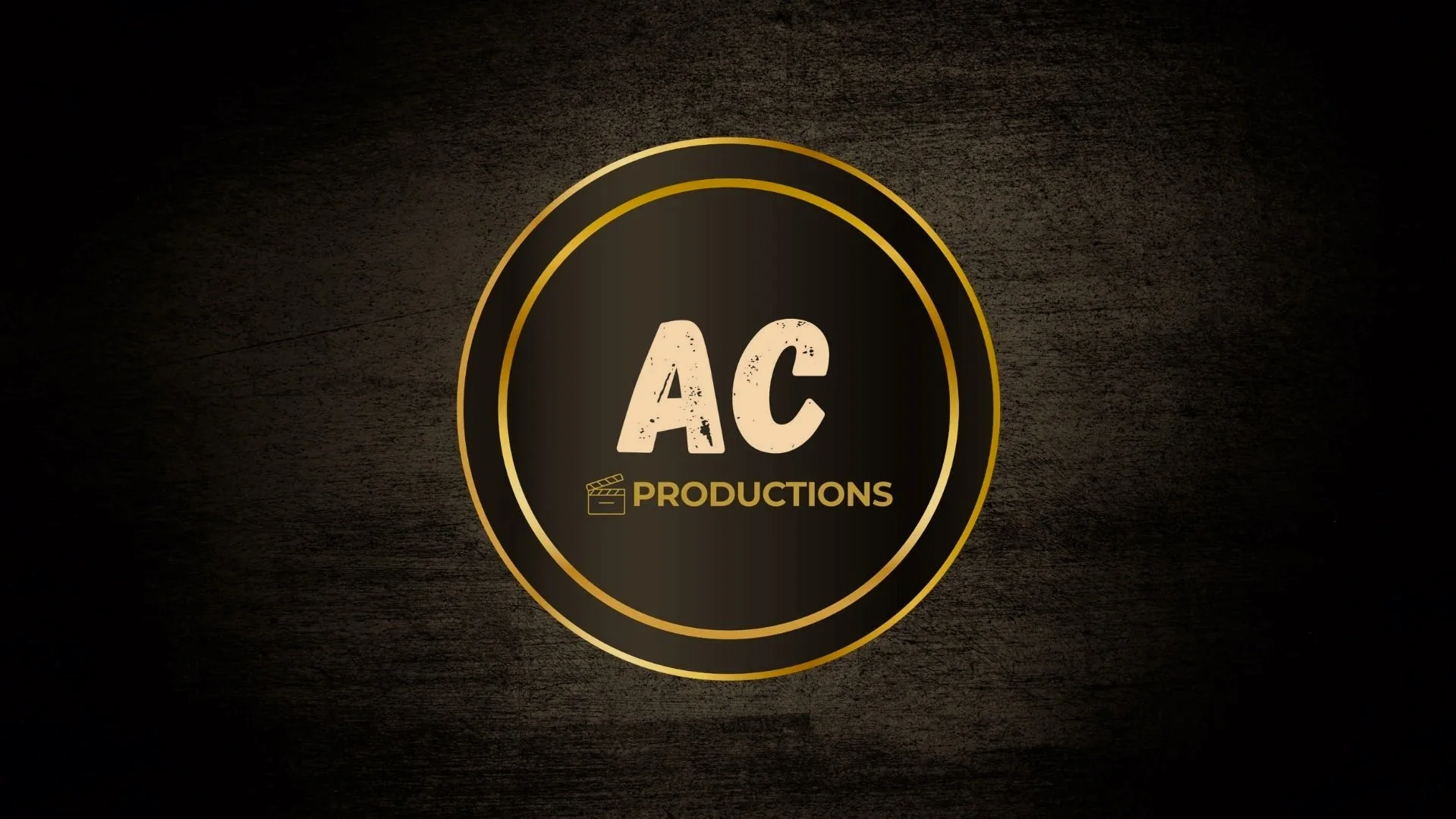 A logo with gold circular outline, displaying the text 'AC PRODUCTION' with a film clapperboard icon on dark textured background.