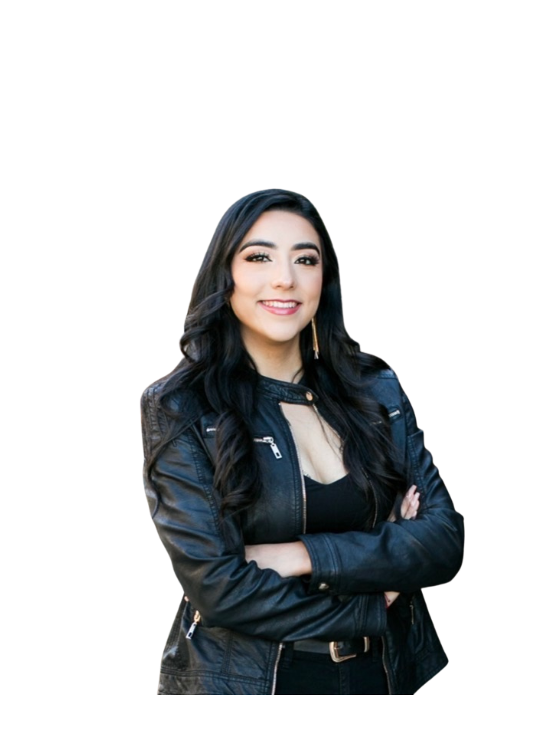 A woman with long dark hair, smiling and crossing her arms, wearing a black leather jacket and a black top, against a plain white background.