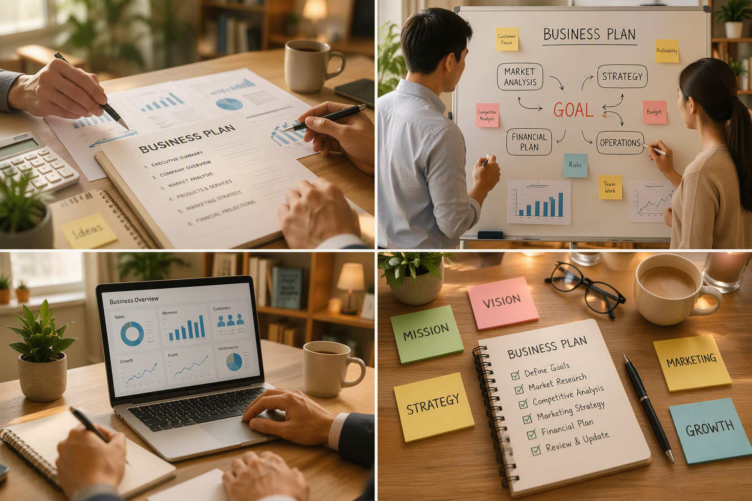 Images depict various scenes of business planning. Top-left shows a printed business plan document on a wooden desk with charts, a cup of coffee, and office supplies. Top-right features two people discussing a whiteboard with a diagram labeled 'Business Plan' and related notes. Bottom-left displays a person pointing at a laptop screen showing business data and graphs, with a coffee cup nearby. Bottom-right shows an open notebook with a handwritten business plan and colorful sticky notes labeled 'Vision,' 'Mission,' 'Strategy,' 'Marketing,' and 'Growth,' along with glasses, a coffee cup, and office supplies.