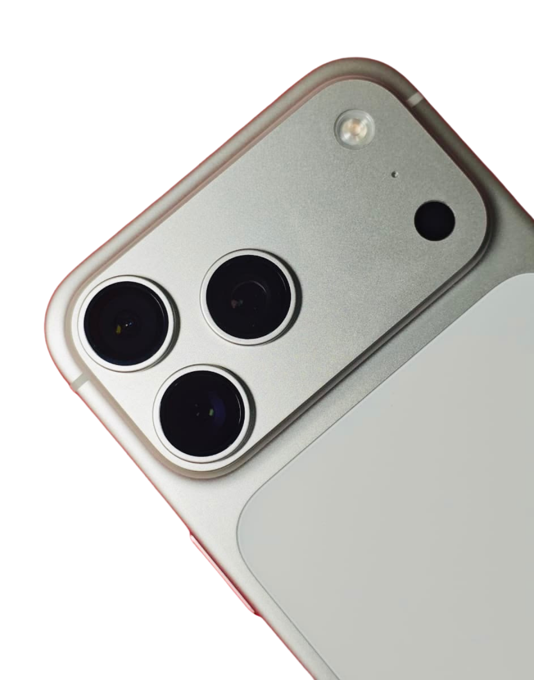 Close-up of the top left corner of the back of a silver iPhone 17 Pro Max.