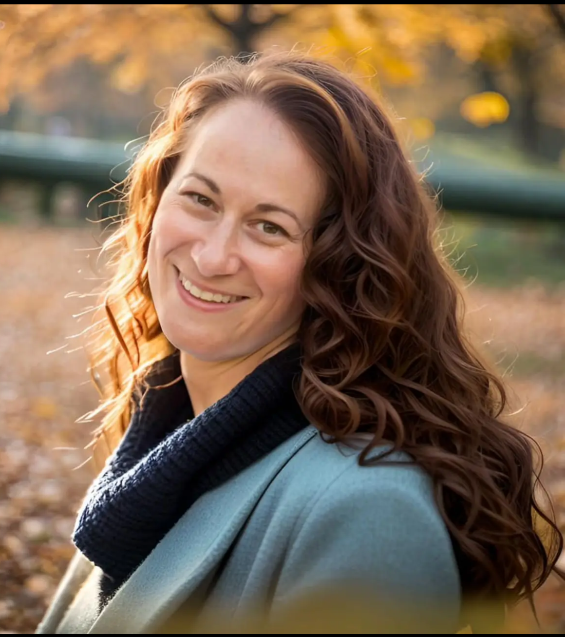 A woman with long, curly auburn hair smiling outdoors during autumn, dressed in a light coat and dark scarf.
