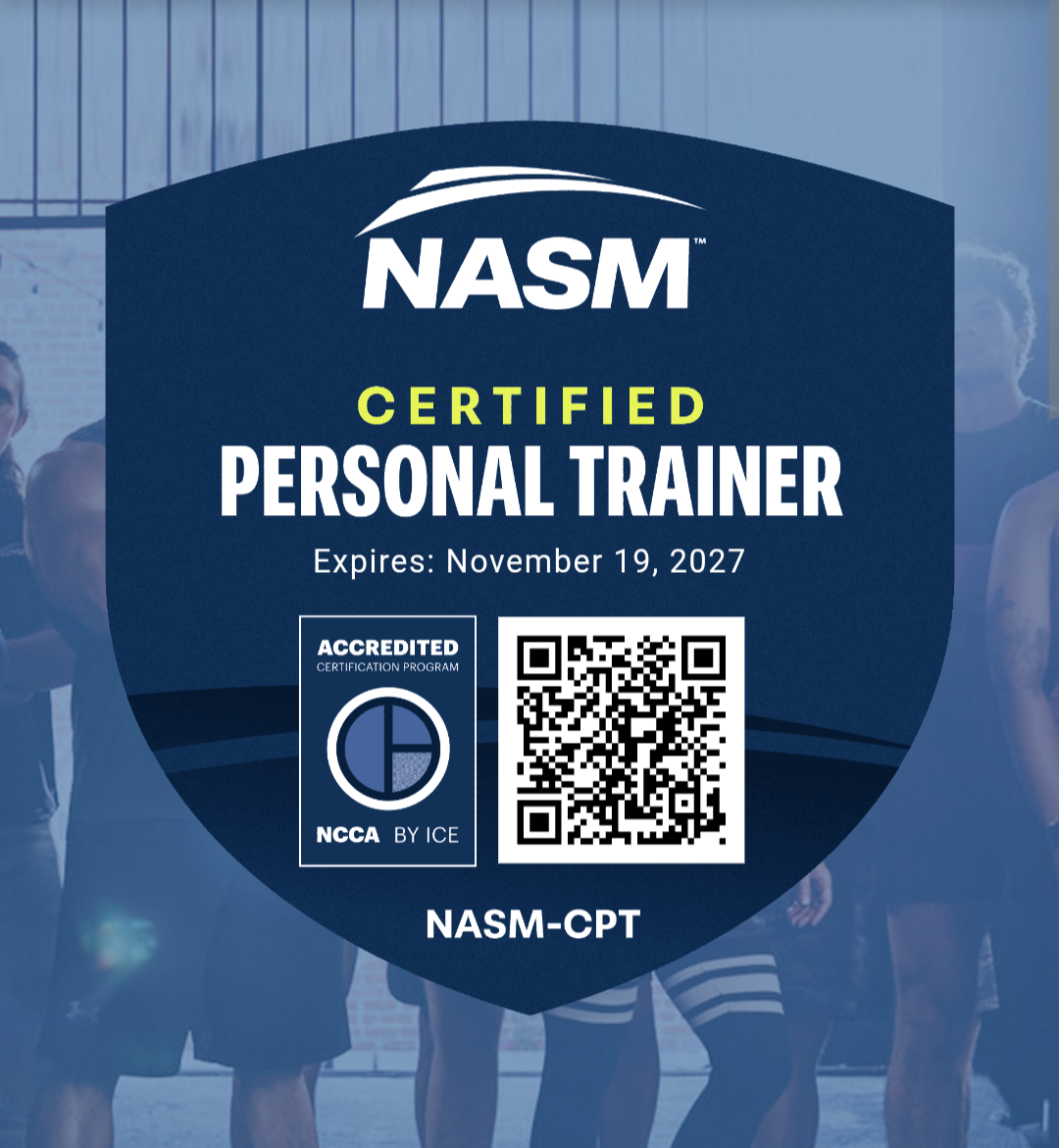 NASM Certified Personal Trainer certification badge with expiration date of November 19, 2027, and a QR code.