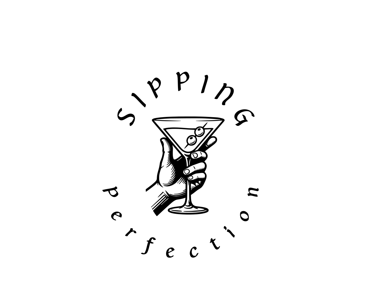 A hand holding a martini glass with olives, surrounded by the words "Sipping Perfection" in a circular arrangement.