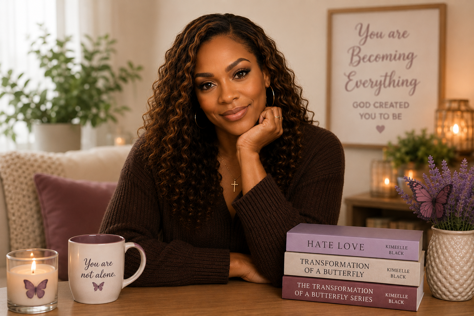 A woman with curly hair sitting at a table with books, a mug, a candle, and flowers, in a cozy room with a motivational sign on the wall.