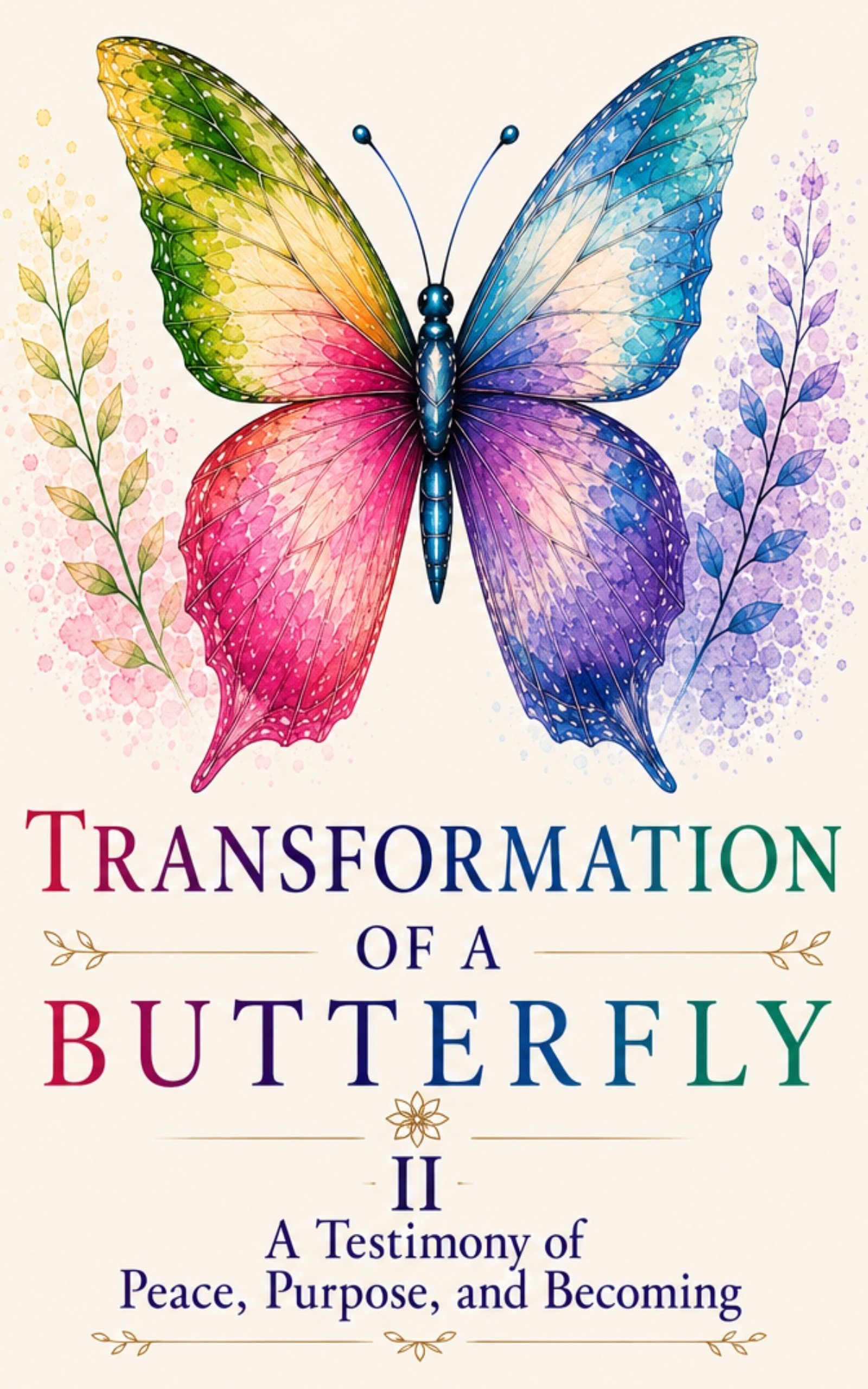 A colorful butterfly with rainbow-colored wings and floral accents, with the words "Transformation of a Butterfly II: A Testimony of Peace, Purpose, and Becoming"