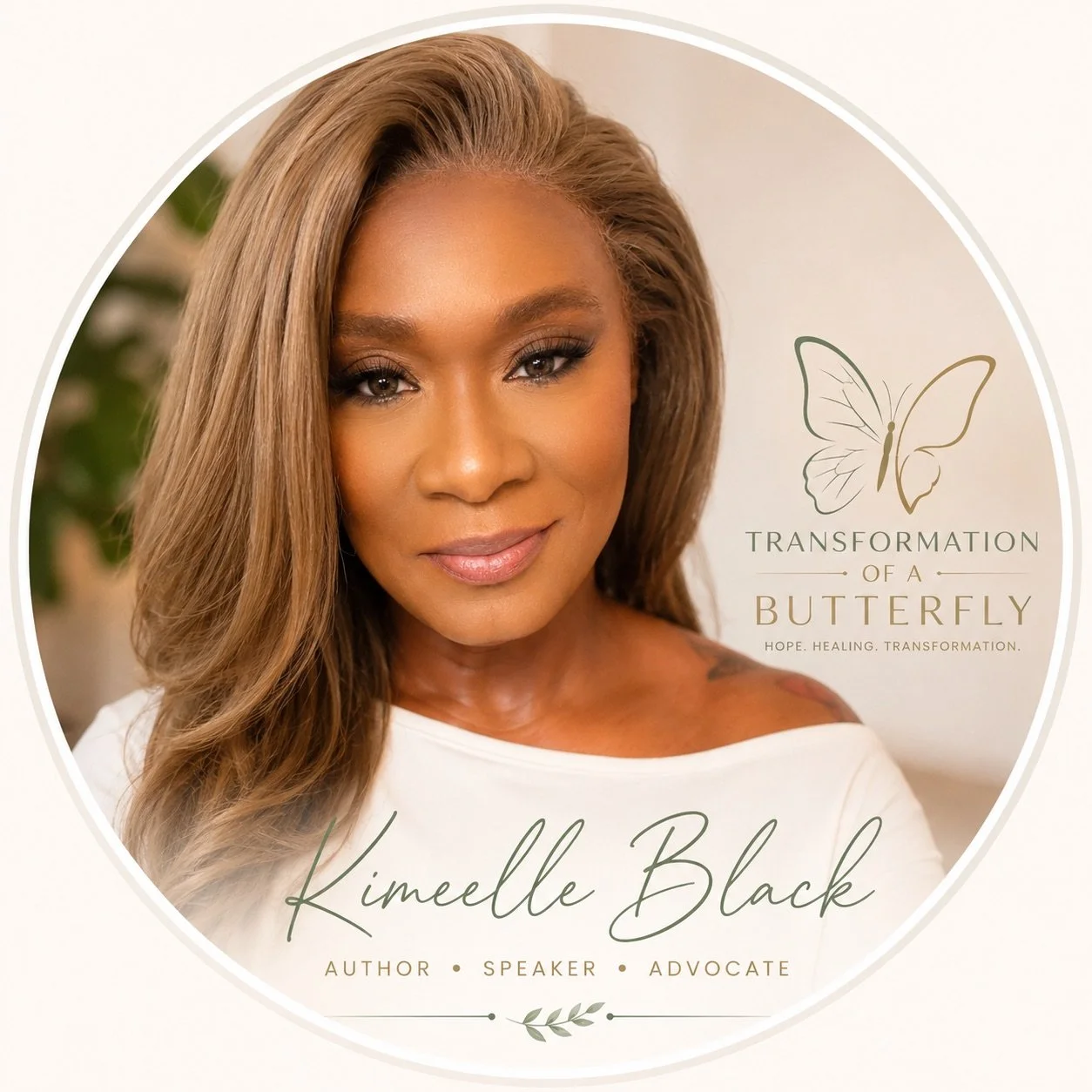 Book cover featuring a portrait of a woman with long hair, along with the text "Transformation of a Butterfly" by Kimelle Black, who is described as an author, speaker, and advocate.