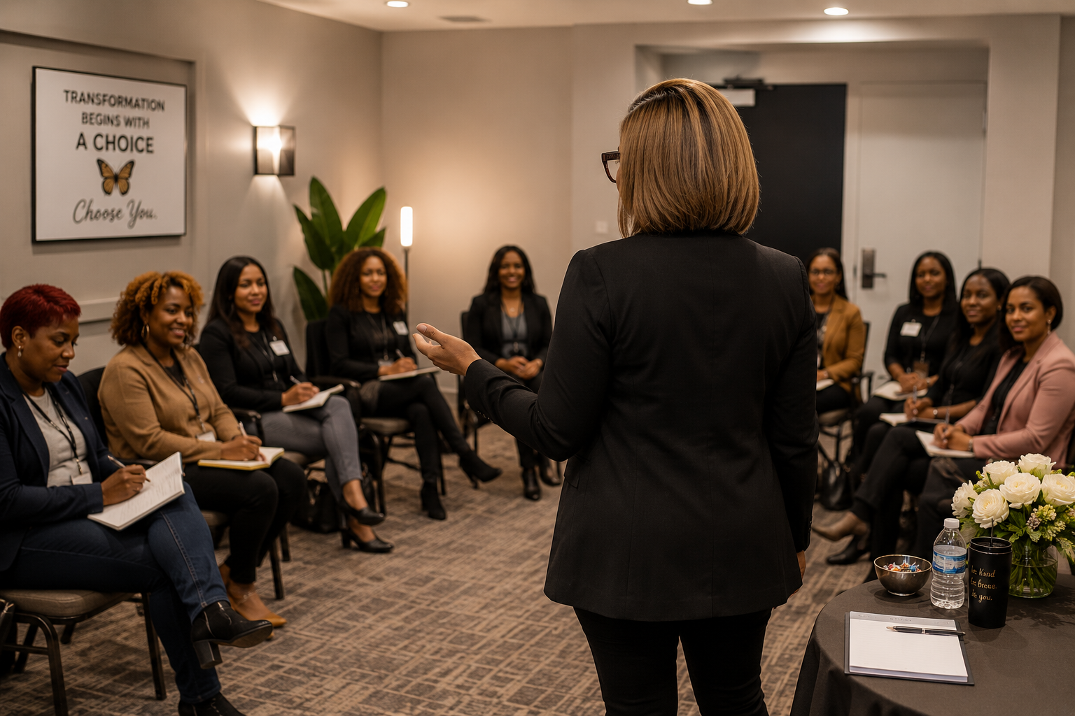 A woman with short blonde hair and black blazer giving a presentation in a conference room. Audience of diverse women sitting in chairs, taking notes, and listening attentively. Decor includes a large plant, flowers on a table, and a sign on the wall that reads, 'Transformation begins with a choice. Choose you.'