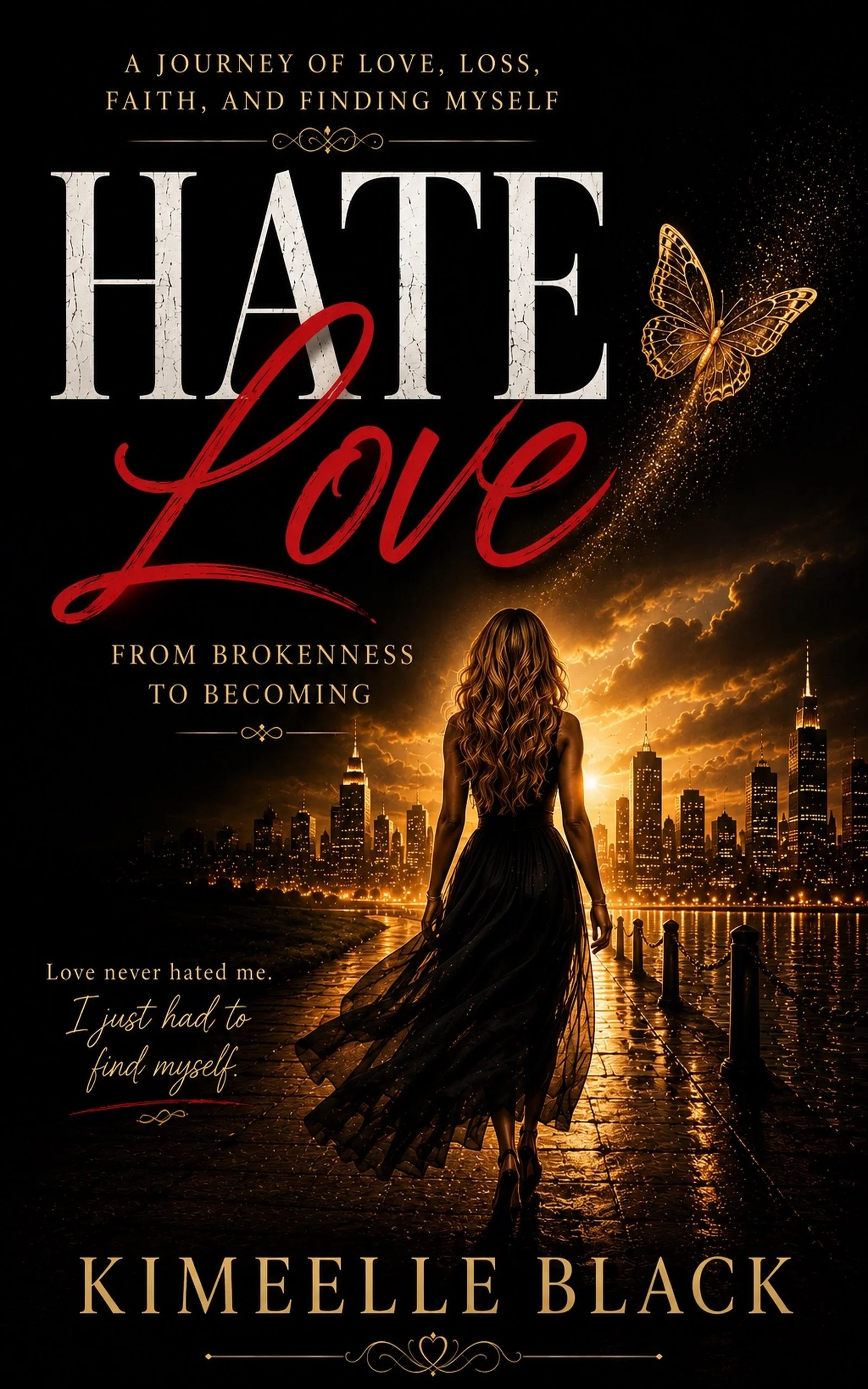 Book cover with the title 'Hate Love' by Kimeelle Black, featuring a woman with long wavy hair in a flowing black dress walking along a city waterfront at sunset, with a butterfly and city skyline in the background.