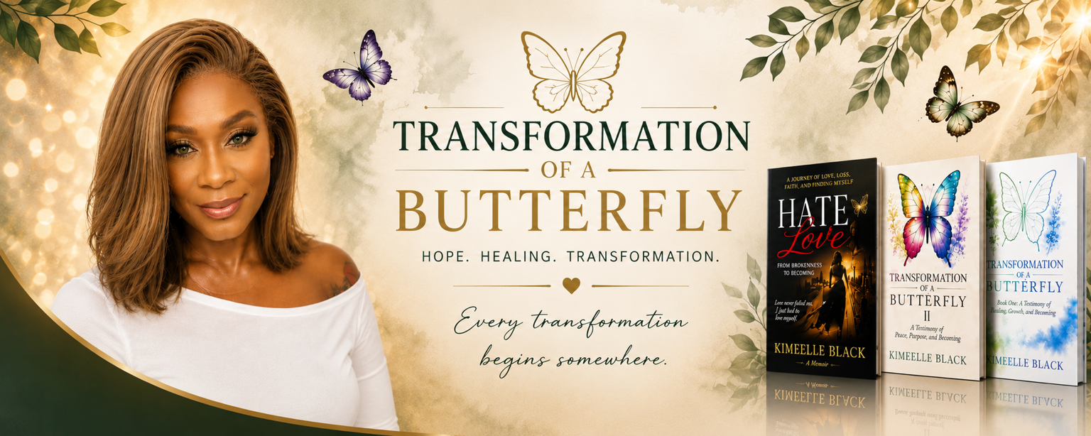 A woman with shoulder-length brown hair wearing a white top, smiling softly, with a background of gold, beige, and green tones, decorated with butterflies and leaves. To the right are three books titled "Hate Love," "Transformation of a Butterfly II," and "Transformation of a Butterfly." The text in the center reads "Transformation of a Butterfly: Hope. Healing. Transformation." and "Every transformation begins somewhere."