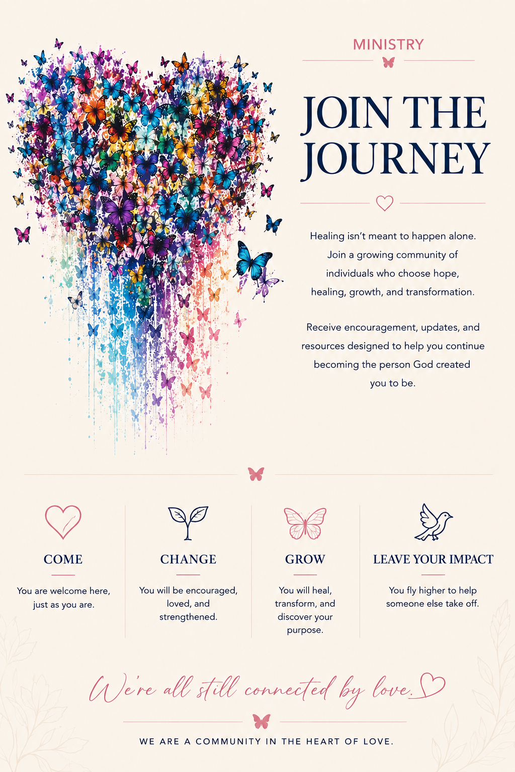 A colorful illustration of purple, blue, yellow, pink, and orange butterflies forming a large heart shape with paint splatters and drips, alongside motivational text about joining a supportive community.