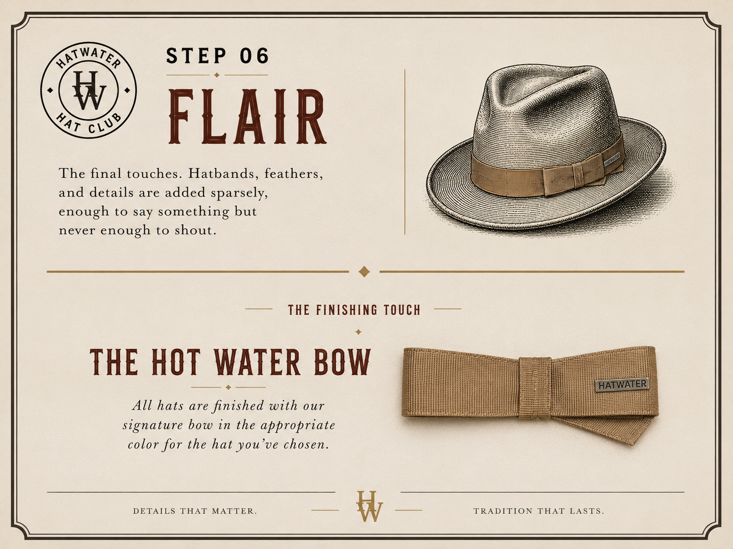Design instructions for hatwear, featuring an illustration of a fedora hat with a band, a tan bow in a matching fabric for finishing hats, and text describing the final touches in hat styling.