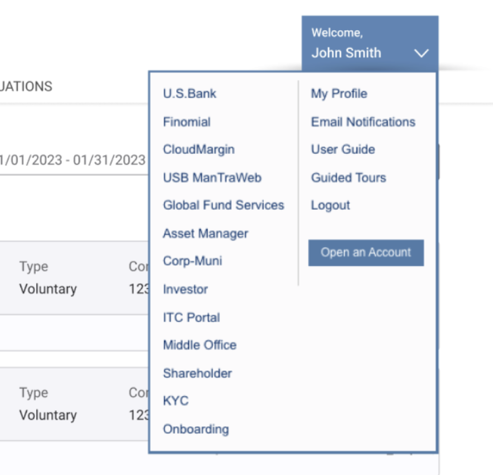 Open welcome menu with all pivot sites