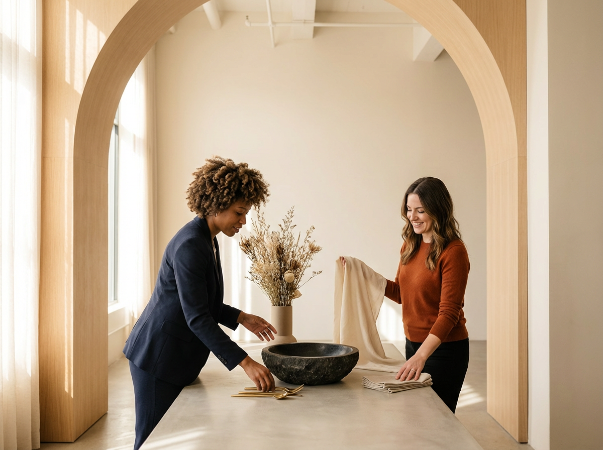 Two women preparing tableware in a minimalist, well-lit room with light-colored walls and wooden archway.