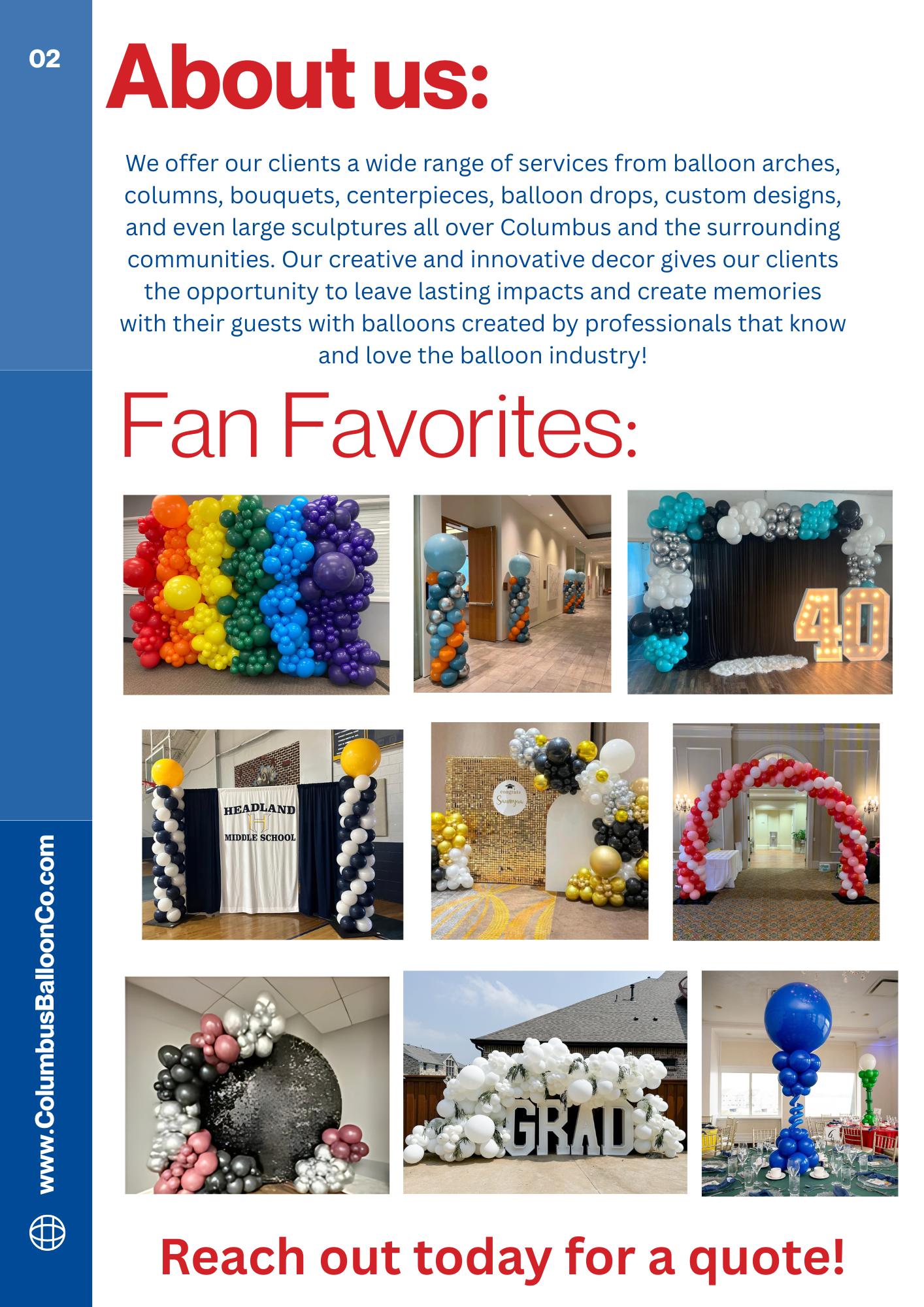 Collection of balloon decorations including balloon arches, columns, and sculptures in various colors and sizes, set up for events or celebrations.