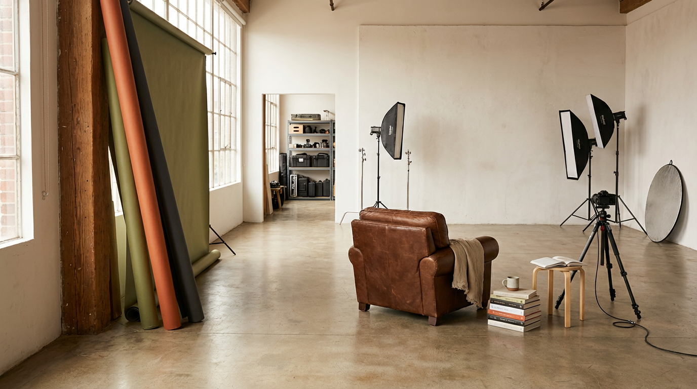 Photography studio with lighting equipment, backdrops, a camera on a tripod, a leather armchair, books, a cup, and a round reflector, set in a spacious room with wooden beams and large windows.