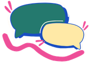 Two overlapping speech bubbles, one blue and one yellow, with pink accents.
