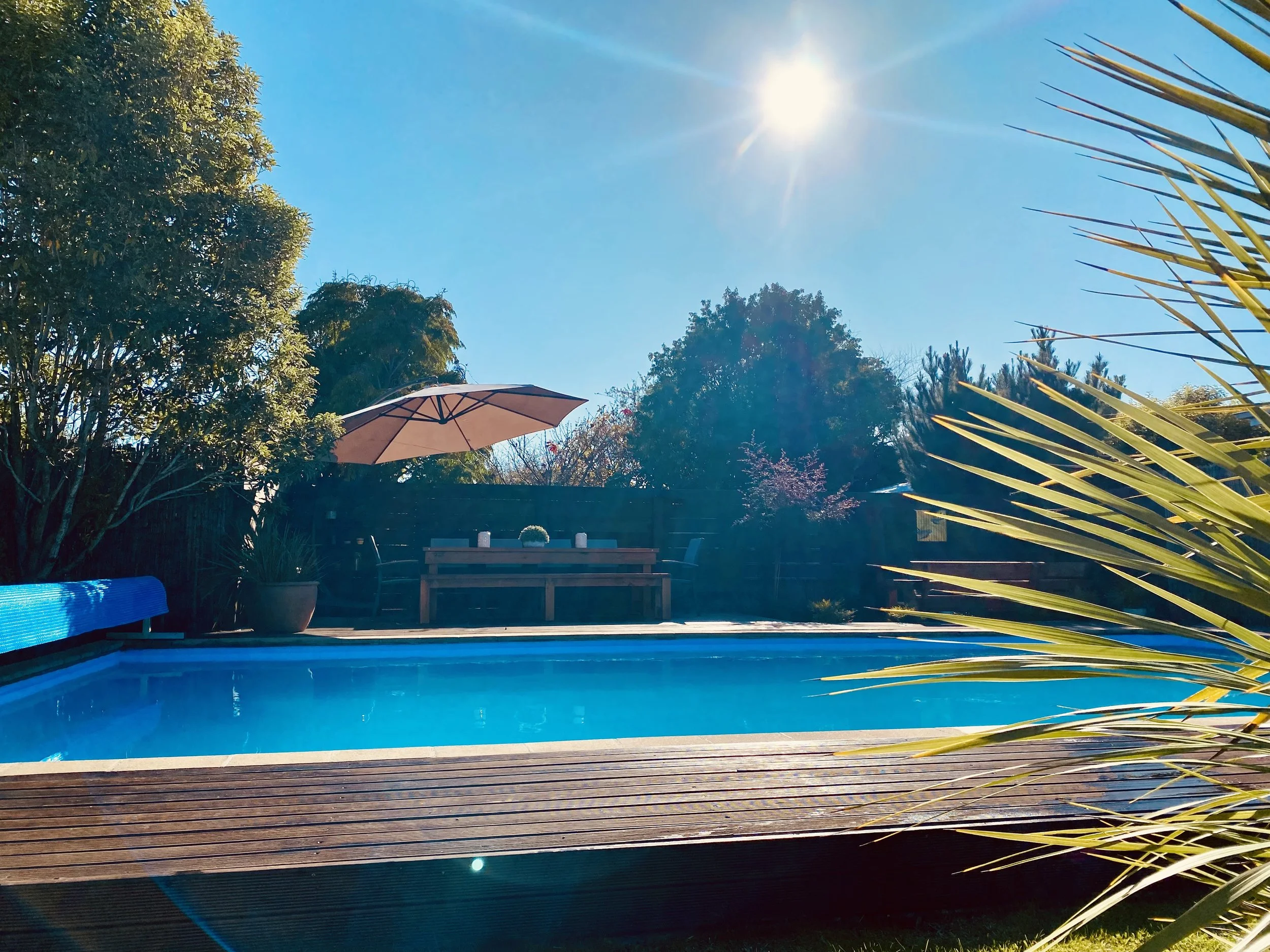 Backyard pool with deck, outdoor dining table, umbrella, and lush trees under a sunny blue sky.