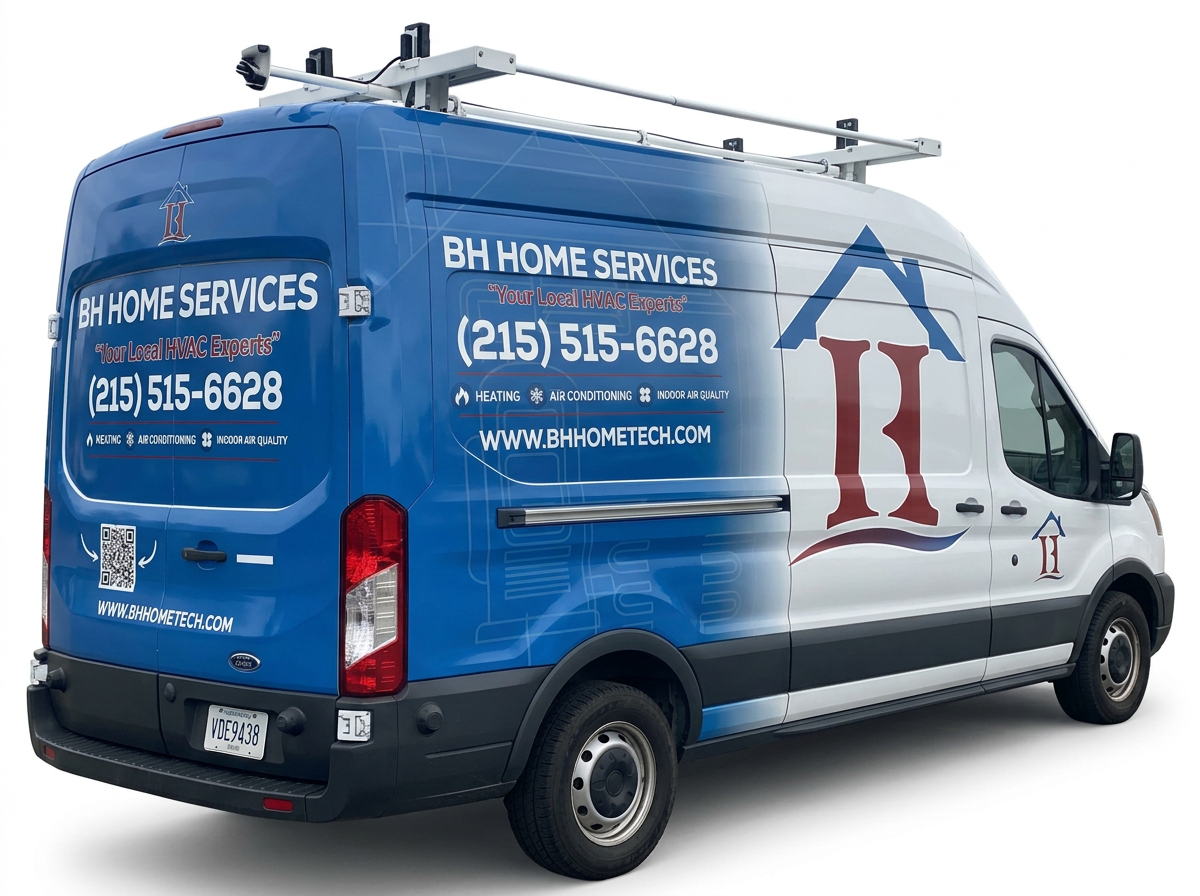 Blue and white HVAC service van with company logo, contact information, website, and services listed on the side.