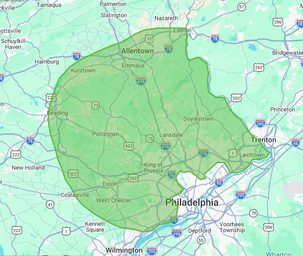 Map highlighting the Philadelphia metropolitan area and surrounding regions in Pennsylvania, including Allentown, Reading, West Chester, and Wilmington.