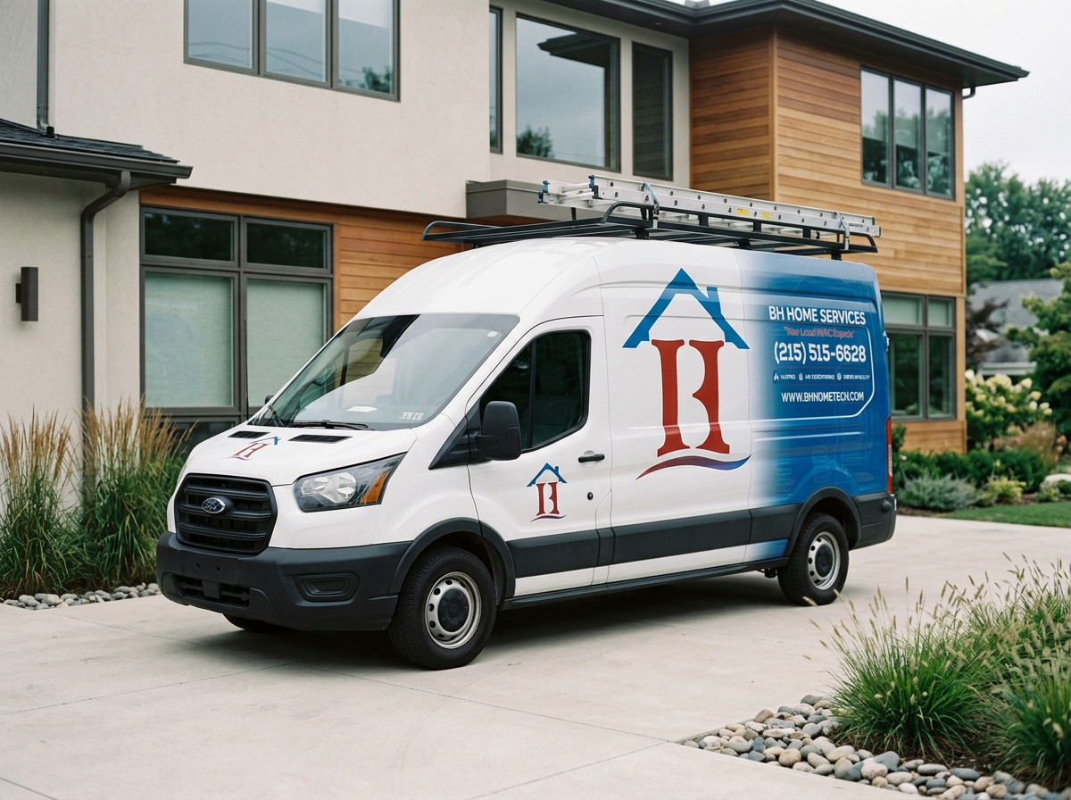 A white service van parked in front of a modern house with wood and stucco exterior. The van has blue and red logo and text for BH Home Services, including a phone number and website. Roof rack installed on the van.