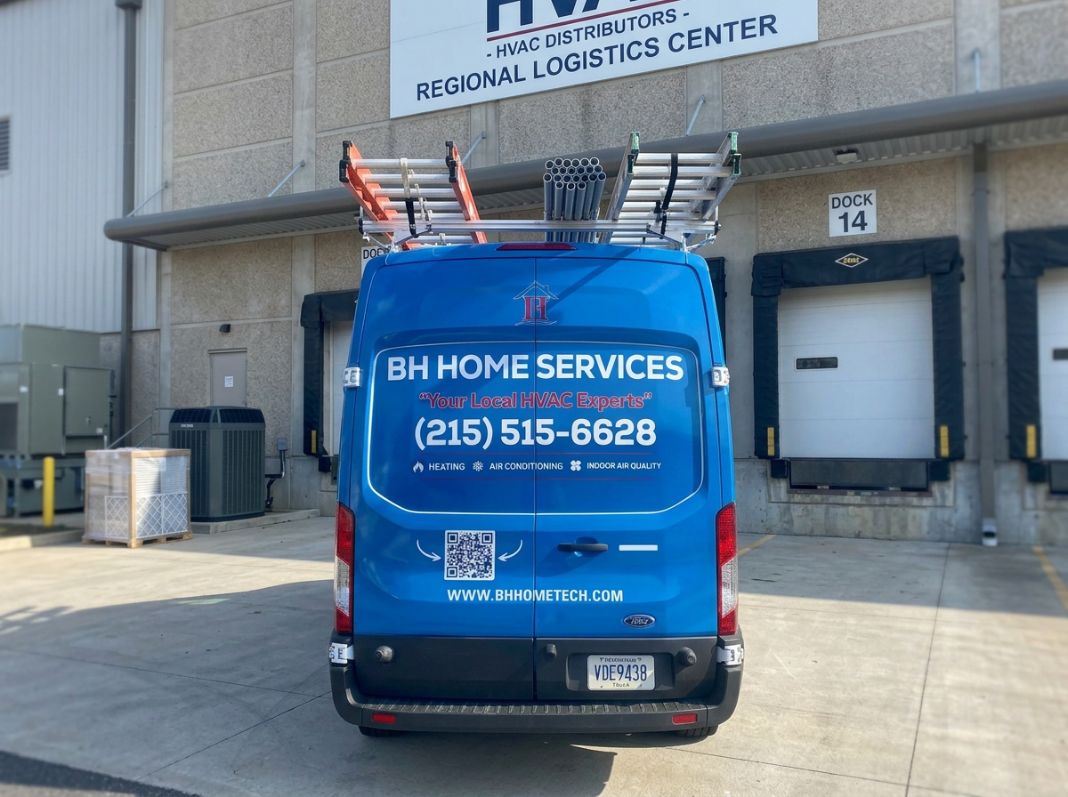 Blue service van with BH Home Services branding, parked outside supply house, with ladders on roof rack.