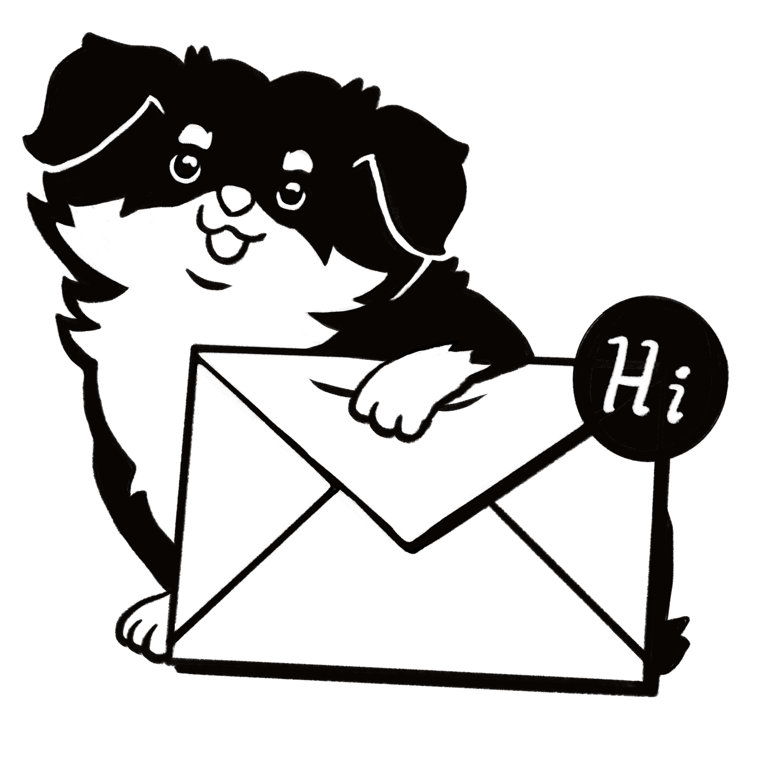 An illustration of a dog holding an envelope with a sticker that says "hi".