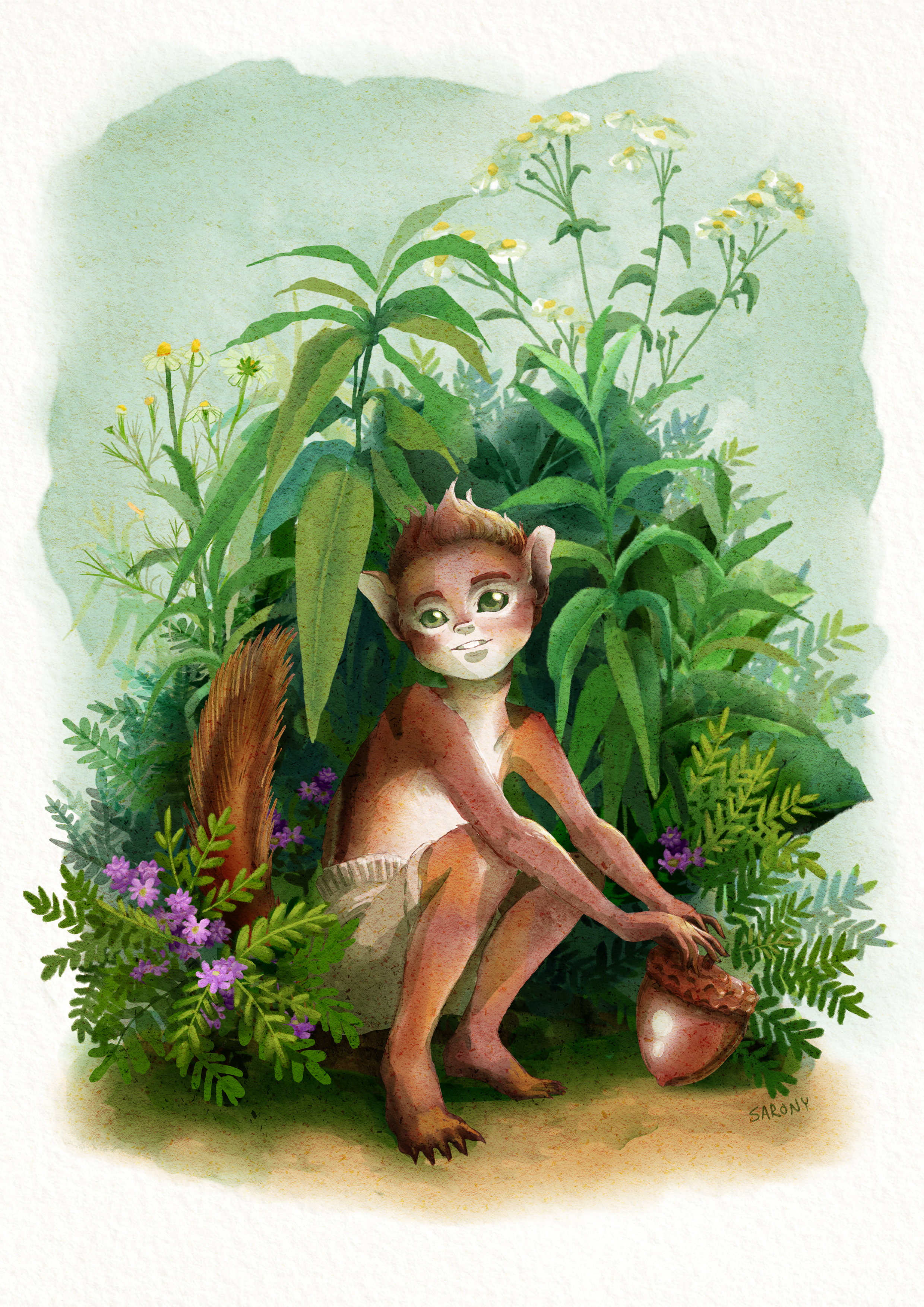A small magical woodland creature that resembles a cross between a chipmunk and a young boy sits perched with an acorn in front of some wildflowers.