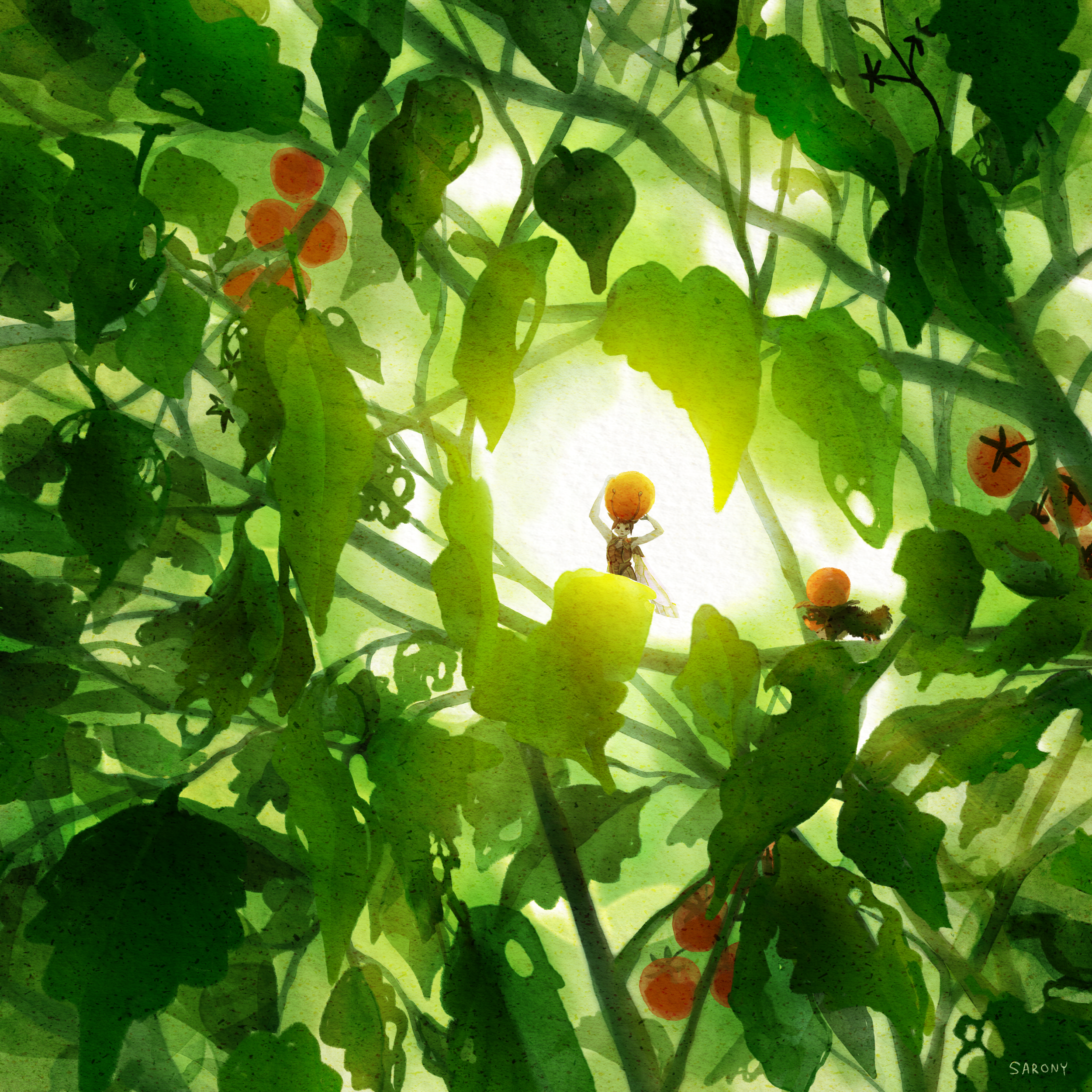 A small fly-looking fairy and her catapillar dog make off with some tomatoes from a garden.
