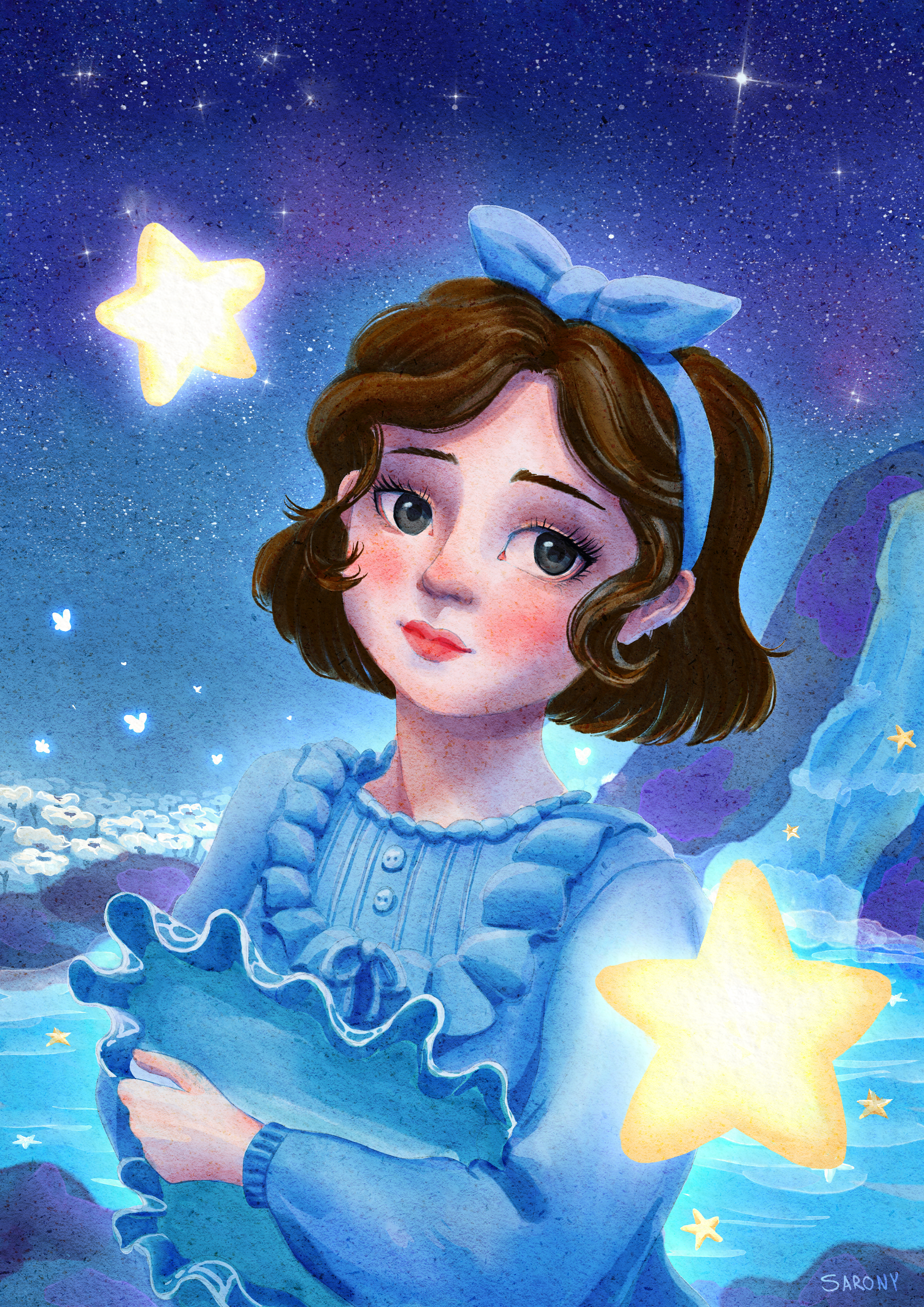 An image of a young girl who has just entering a dream-like realm, still wearing her nightgown and clutching her pillow.